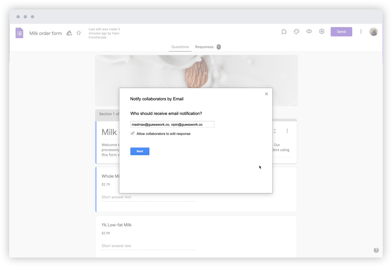 Configure the list of collaborators to be notified by email and specify whether collaborators can edit google form responses