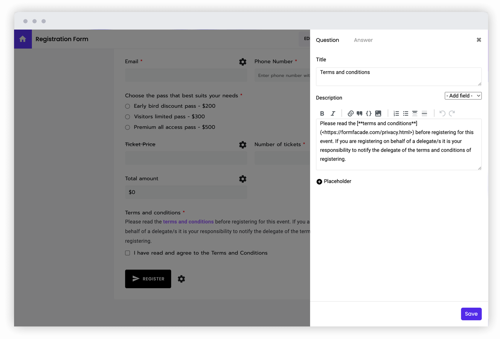 Format your questions by adding line breaks, rich text descriptions and meaningful placeholder text